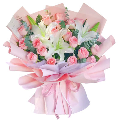 毕节18朵戴安娜粉玫瑰百合,两颗心紧紧相连