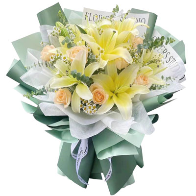 毕节9朵香槟玫瑰黄色百合,每天充满活力