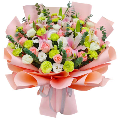 毕节16朵粉玫瑰百合康乃馨，宁静和温柔