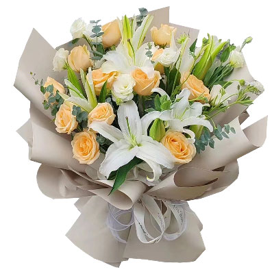 毕节12朵香槟玫瑰百合，爱永远陪伴着你